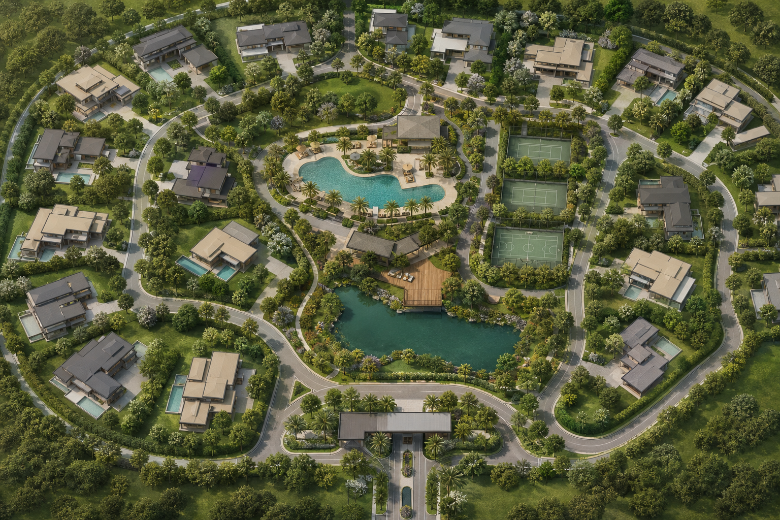 Mapa do condomínio Bosque Serena com lotes, lago central e áreas comuns